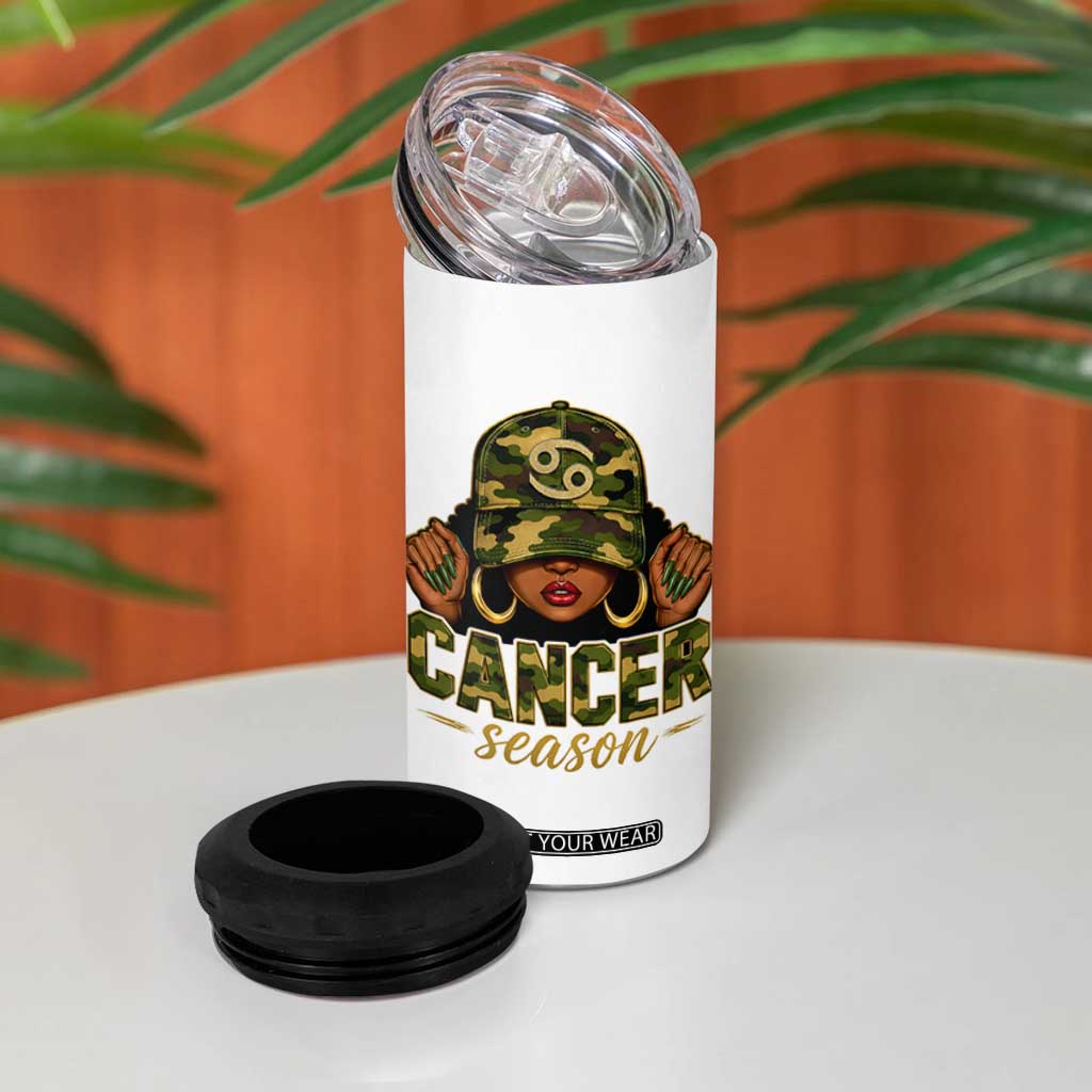 Zodiac Queen Cancer Season Retro Camo Camouflage Graphic 4 in 1 Can Cooler Tumbler June July Horoscope Birthday Gift Melanin Women
