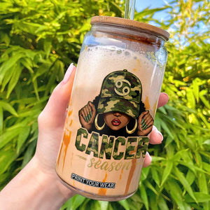Zodiac Queen Cancer Season Retro Camo Camouflage Graphic Glass Can June July Horoscope Birthday Gift Melanin Women