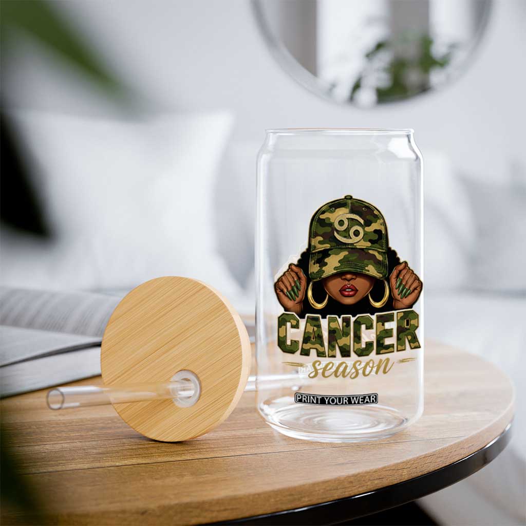 Zodiac Queen Cancer Season Retro Camo Camouflage Graphic Glass Can June July Horoscope Birthday Gift Melanin Women
