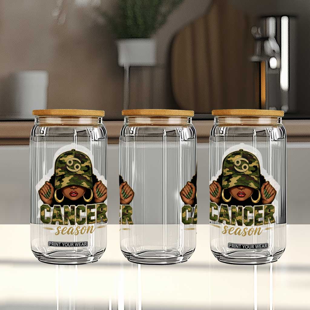Zodiac Queen Cancer Season Retro Camo Camouflage Graphic Glass Can June July Horoscope Birthday Gift Melanin Women