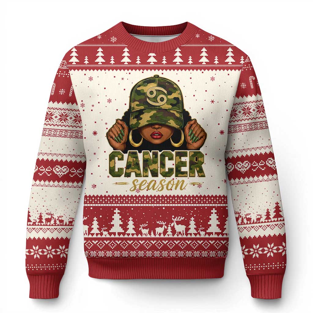 Zodiac Queen Cancer Season Retro Camo Camouflage Graphic Ugly Christmas Sweater June July Horoscope Birthday Gift Melanin Women