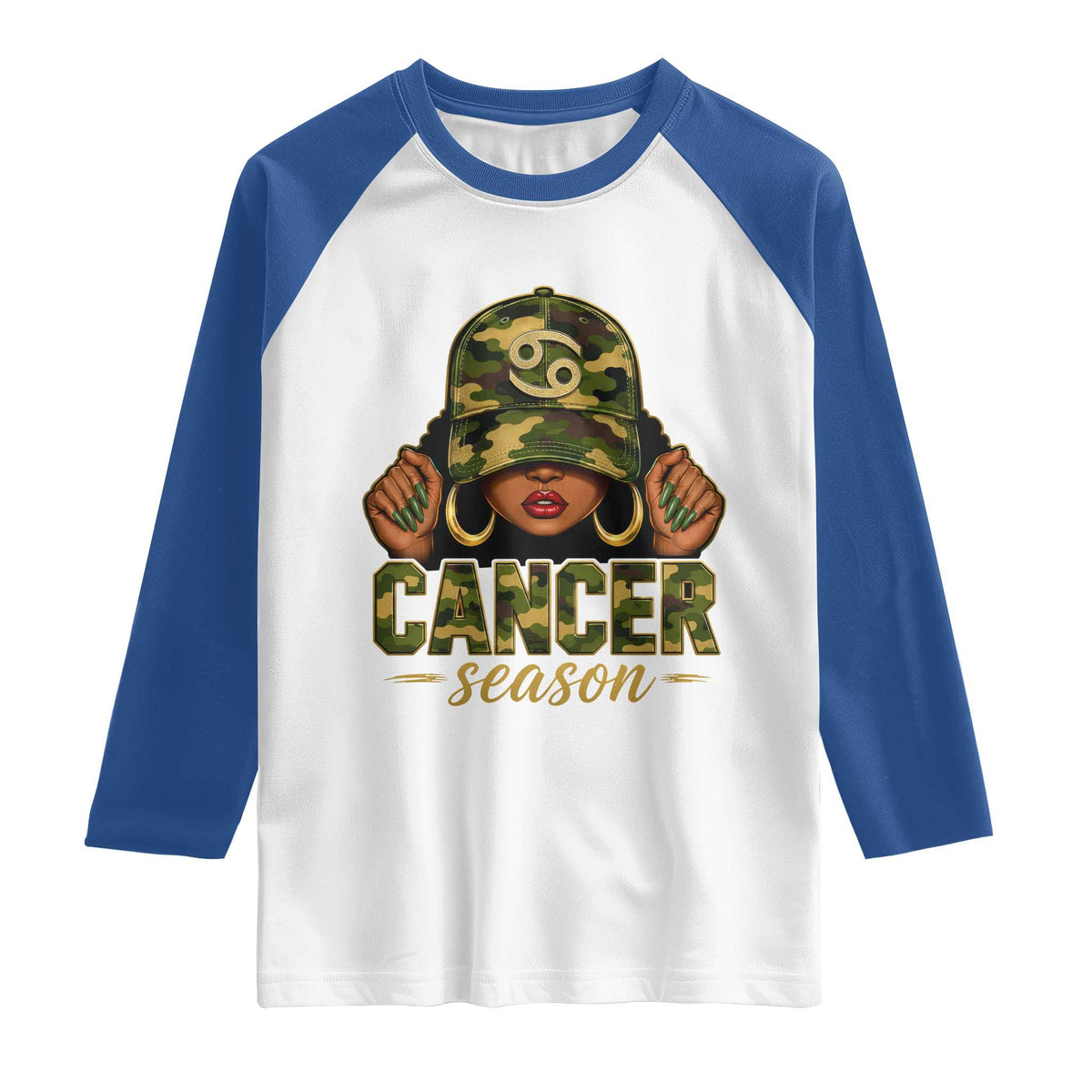Zodiac Queen Cancer Season Retro Camo Camouflage Graphic Raglan Shirt June July Horoscope Birthday Gift Melanin Women