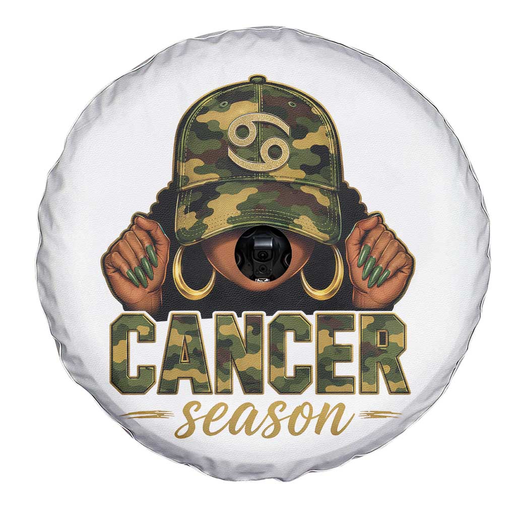 Zodiac Queen Cancer Season Retro Camo Camouflage Graphic Spare Tire Cover June July Horoscope Birthday Gift Melanin Women