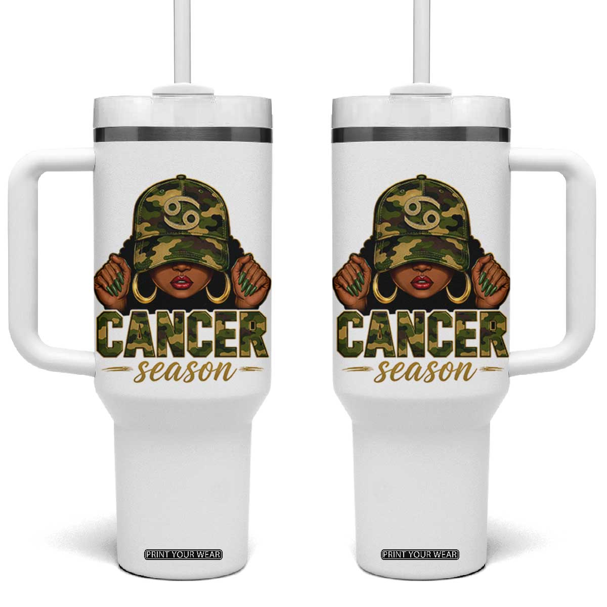 Zodiac Queen Cancer Season Retro Camo Camouflage Graphic Tumbler With Handle June July Horoscope Birthday Gift Melanin Women TS02 One Size: 40 oz White Print Your Wear