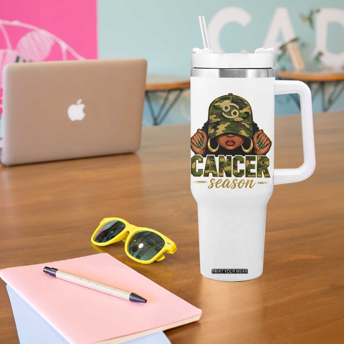 Zodiac Queen Cancer Season Retro Camo Camouflage Graphic Tumbler With Handle June July Horoscope Birthday Gift Melanin Women