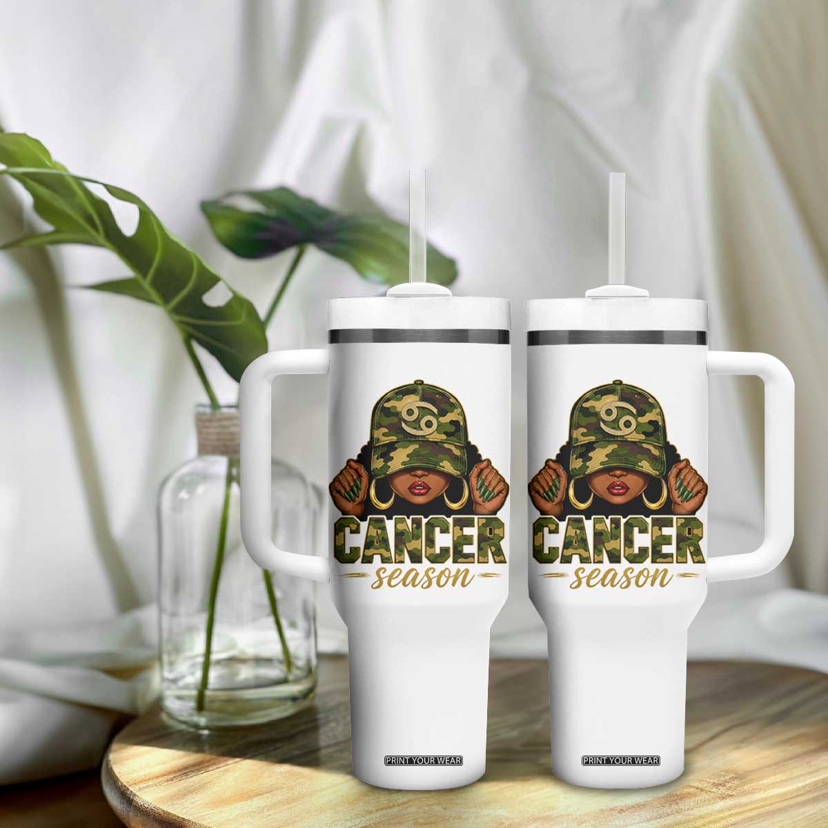 Zodiac Queen Cancer Season Retro Camo Camouflage Graphic Tumbler With Handle June July Horoscope Birthday Gift Melanin Women