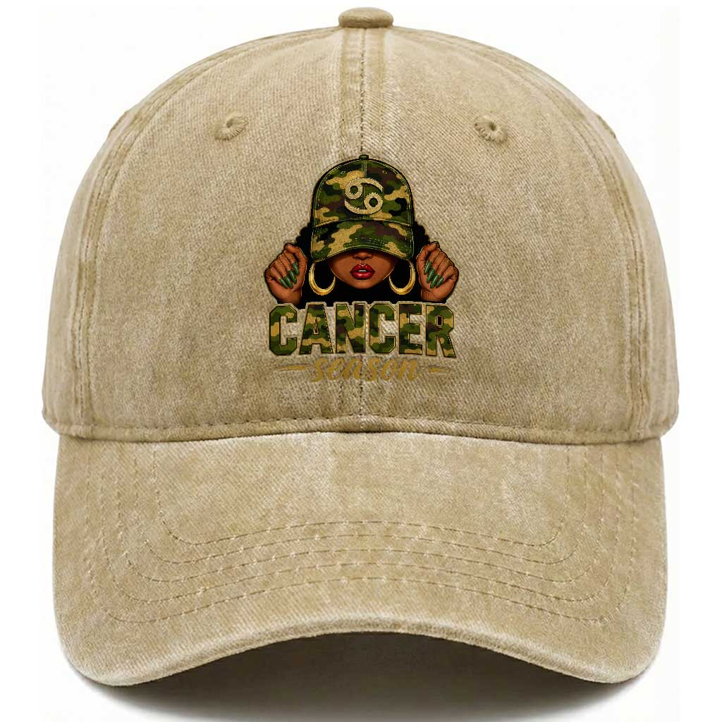 Zodiac Queen Cancer Season Retro Camo Camouflage Graphic Washed Cotton Baseball Cap June July Horoscope Birthday Gift Melanin Women TS02 Print Your Wear