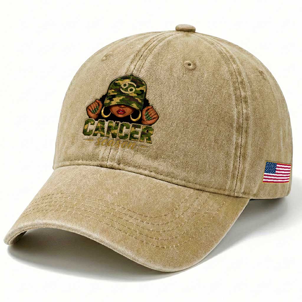Zodiac Queen Cancer Season Retro Camo Camouflage Graphic Washed Cotton Baseball Cap June July Horoscope Birthday Gift Melanin Women