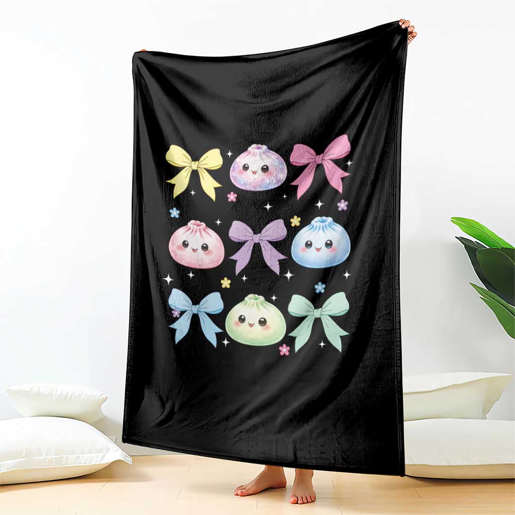 Kawaii Dumpling and Bows Aesthetic Graphic Throw Blanket Cute Pastel Bao Dim Sum Coquette Aesthetic