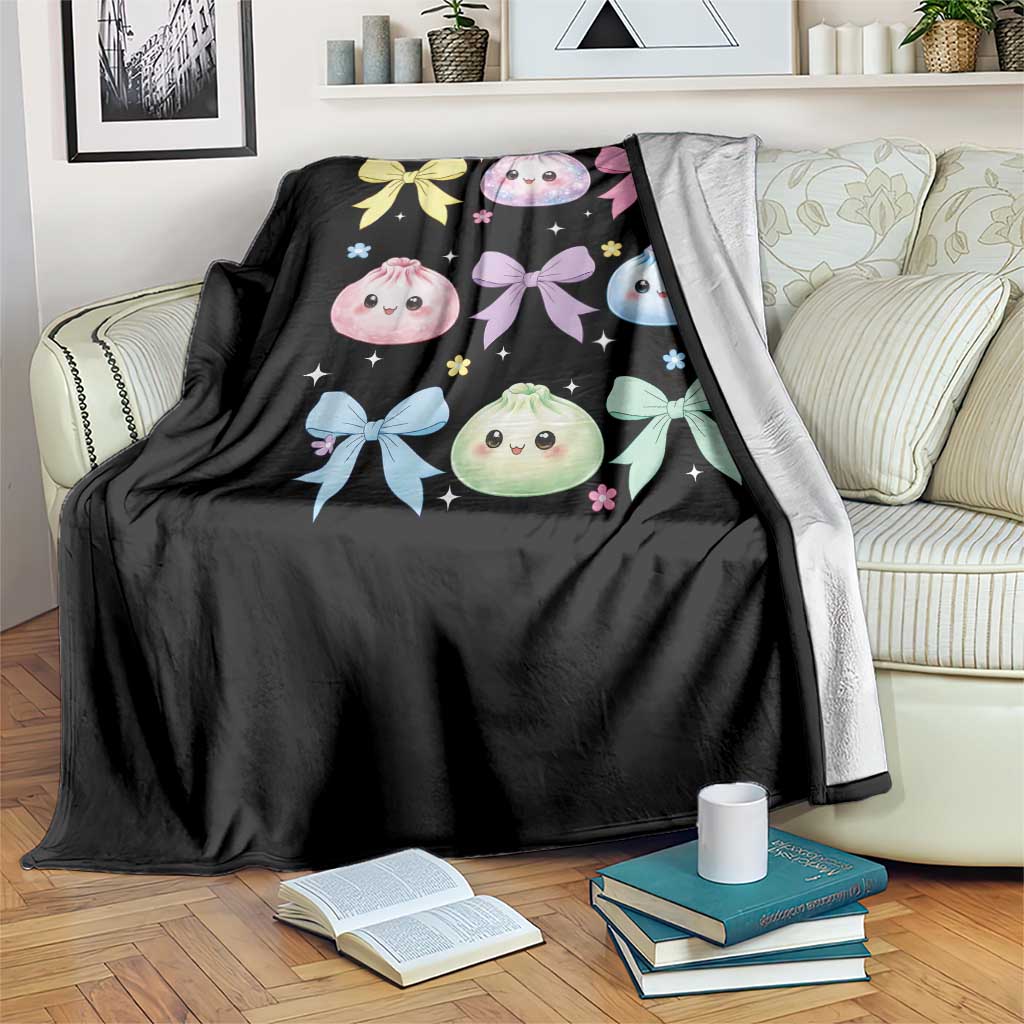 Kawaii Dumpling and Bows Aesthetic Graphic Throw Blanket Cute Pastel Bao Dim Sum Coquette Aesthetic