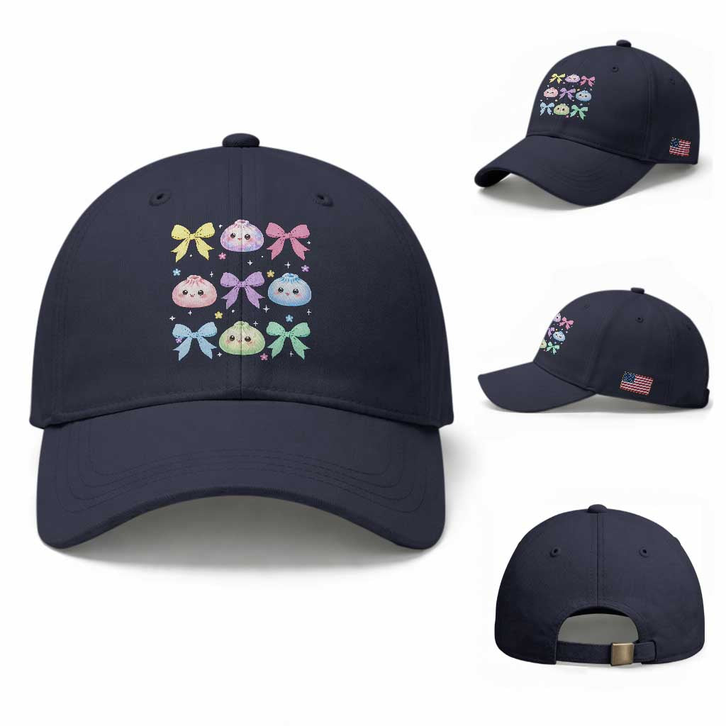 Kawaii Dumpling and Bows Aesthetic Graphic Baseball Cap Cute Pastel Bao Dim Sum Coquette Aesthetic