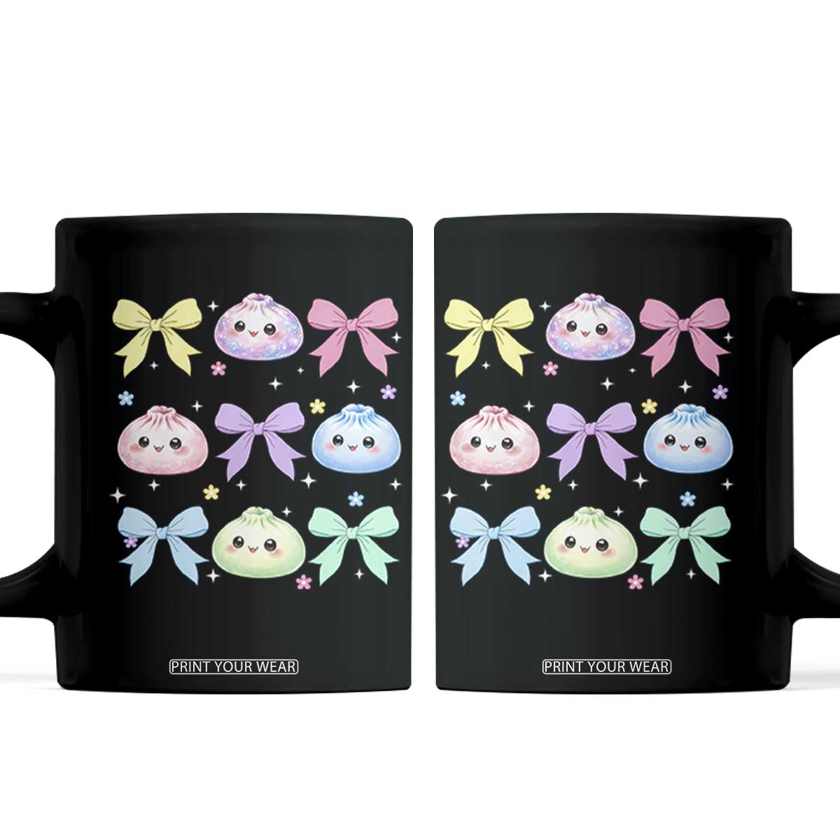 Kawaii Dumpling and Bows Aesthetic Graphic Coffee Mug Cute Pastel Bao Dim Sum Coquette Aesthetic