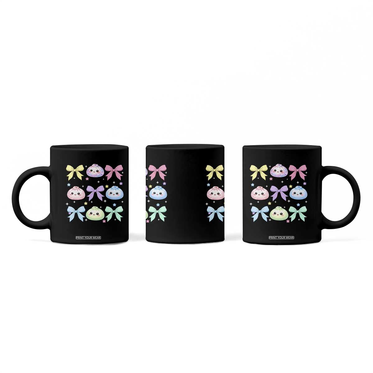 Kawaii Dumpling and Bows Aesthetic Graphic Coffee Mug Cute Pastel Bao Dim Sum Coquette Aesthetic