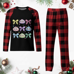 Kawaii Dumpling and Bows Aesthetic Graphic Plaid Pajama Set Cute Pastel Bao Dim Sum Coquette Aesthetic