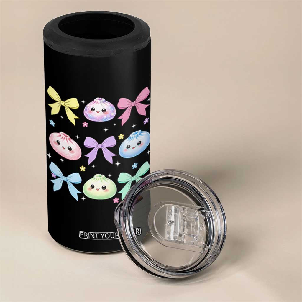 Kawaii Dumpling and Bows Aesthetic Graphic 4 in 1 Can Cooler Tumbler Cute Pastel Bao Dim Sum Coquette Aesthetic