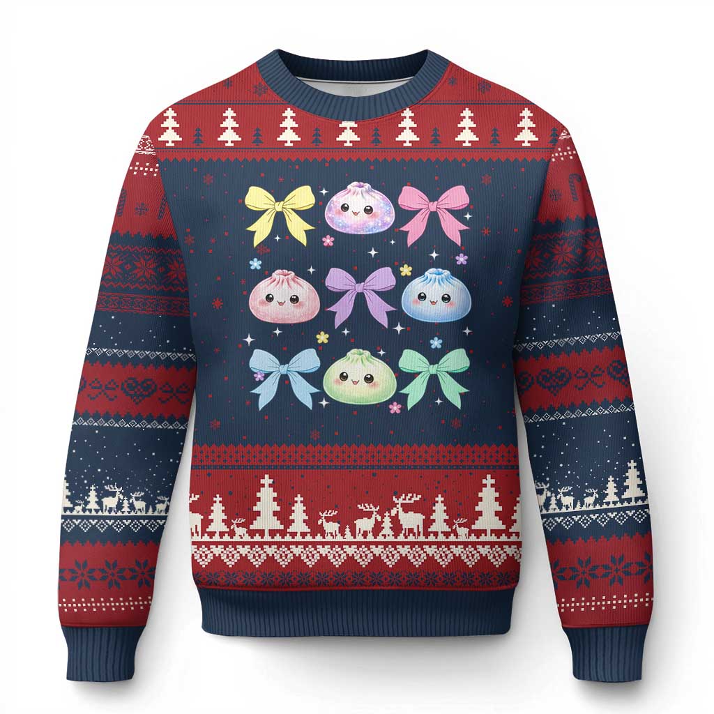 Kawaii Dumpling and Bows Aesthetic Graphic Ugly Christmas Sweater Cute Pastel Bao Dim Sum Coquette Aesthetic TS02 Navy Red Print Your Wear