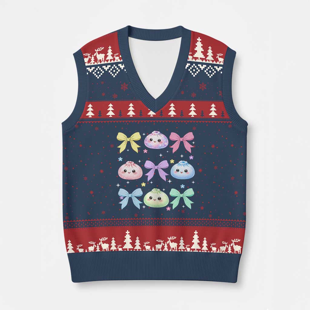 Kawaii Dumpling and Bows Aesthetic Graphic V-Neck Knit Sweater Vest Cute Pastel Bao Dim Sum Coquette Aesthetic