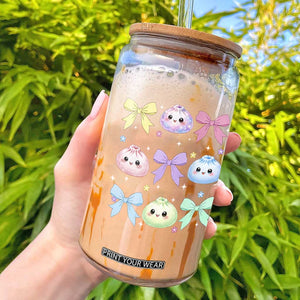 Kawaii Dumpling and Bows Aesthetic Graphic Glass Can Cute Pastel Bao Dim Sum Coquette Aesthetic