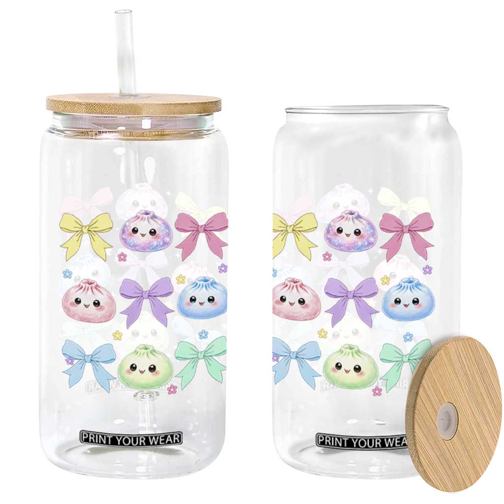 Kawaii Dumpling and Bows Aesthetic Graphic Glass Can Cute Pastel Bao Dim Sum Coquette Aesthetic