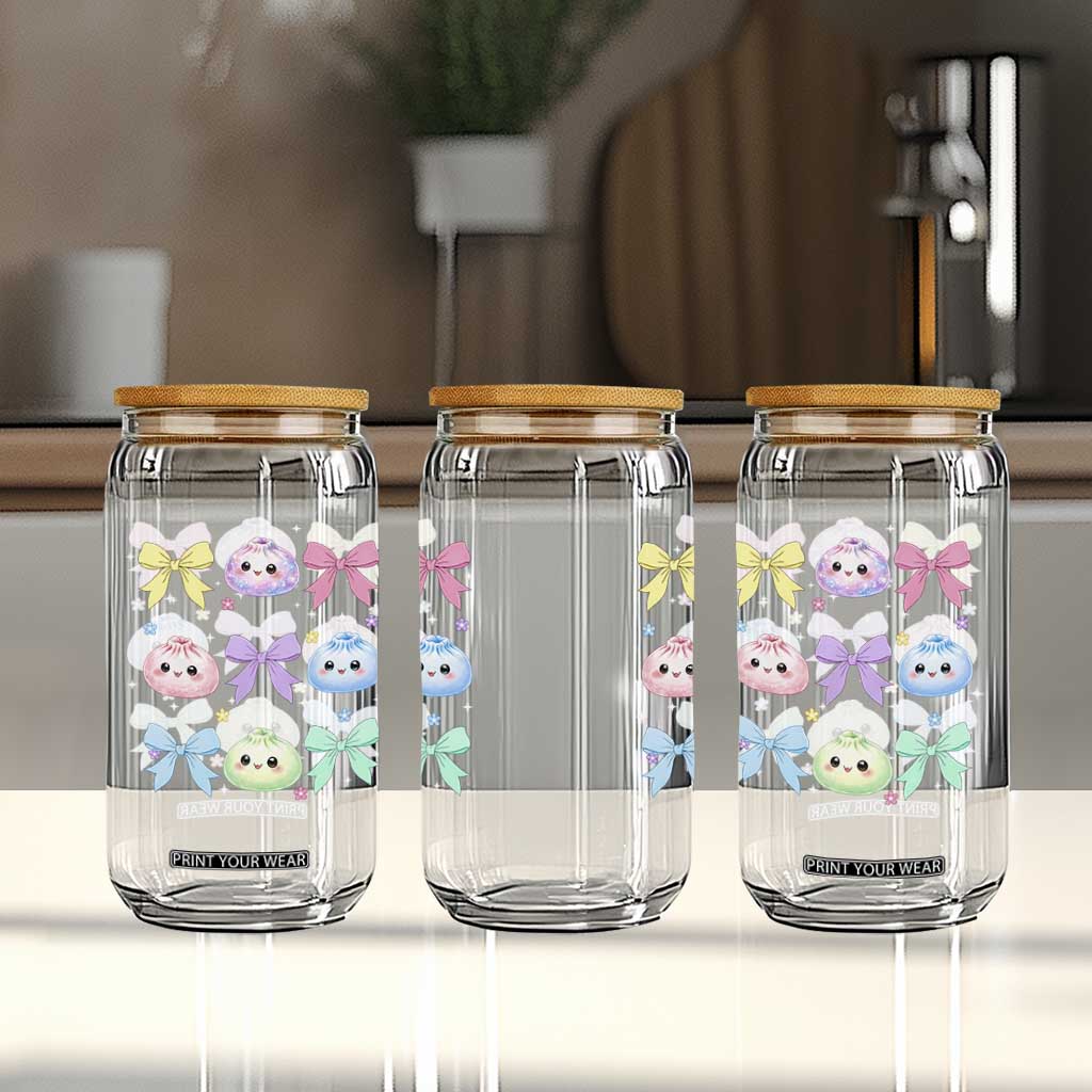 Kawaii Dumpling and Bows Aesthetic Graphic Glass Can Cute Pastel Bao Dim Sum Coquette Aesthetic