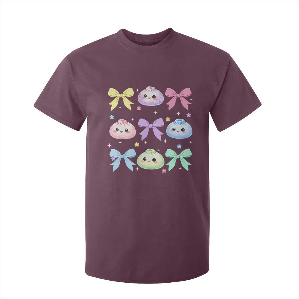 Kawaii Dumpling and Bows Aesthetic Graphic T Shirt For Kid Cute Pastel Bao Dim Sum Coquette Aesthetic