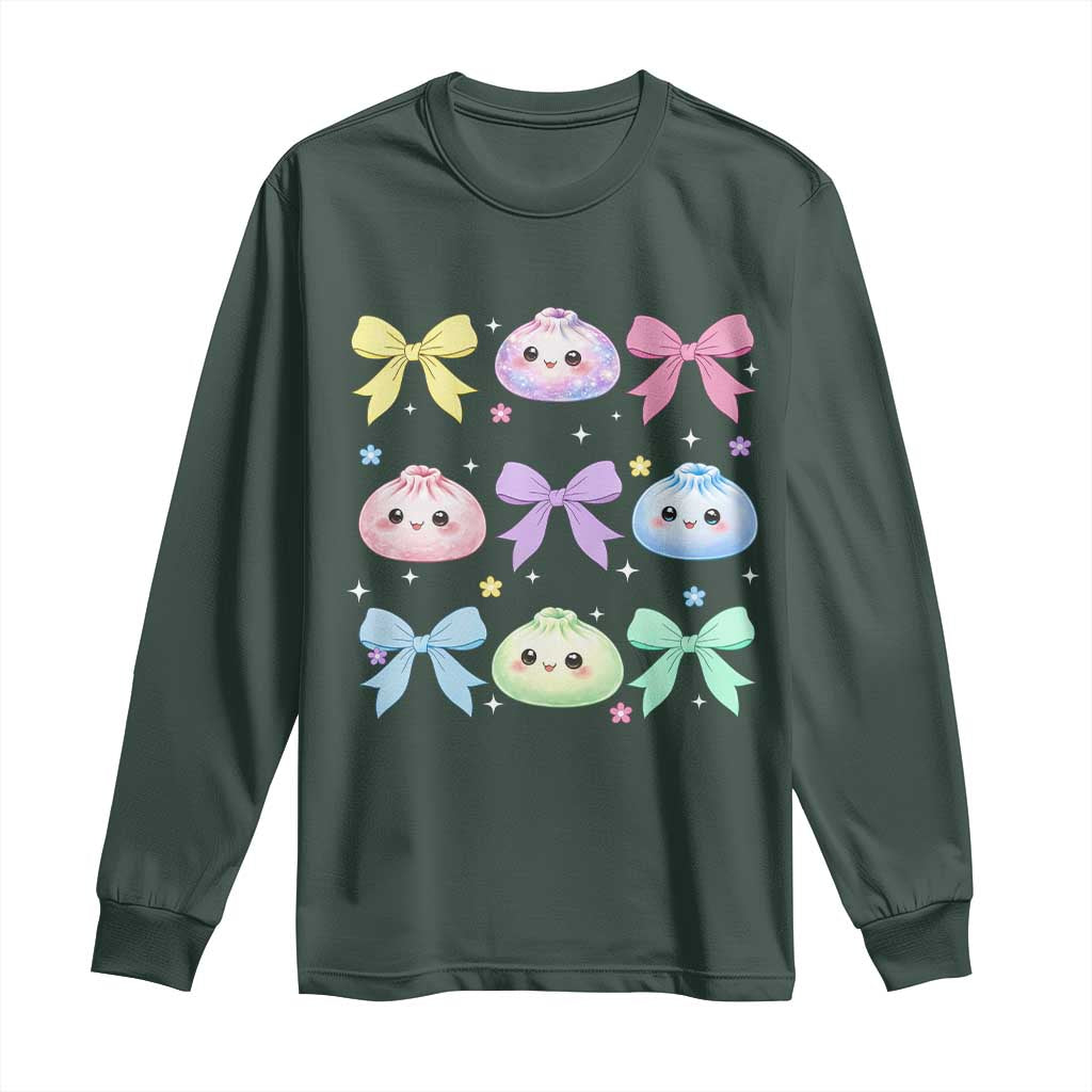 Kawaii Dumpling and Bows Aesthetic Graphic Long Sleeve Shirt Cute Pastel Bao Dim Sum Coquette Aesthetic