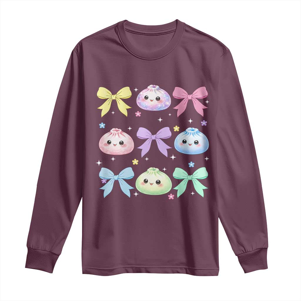 Kawaii Dumpling and Bows Aesthetic Graphic Long Sleeve Shirt Cute Pastel Bao Dim Sum Coquette Aesthetic
