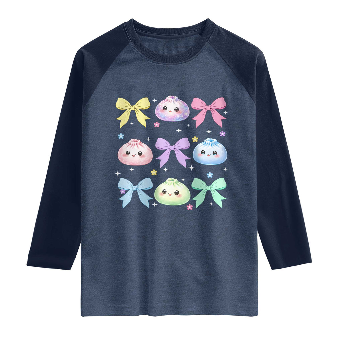 Kawaii Dumpling and Bows Aesthetic Graphic Raglan Shirt Cute Pastel Bao Dim Sum Coquette Aesthetic