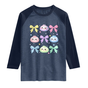 Kawaii Dumpling and Bows Aesthetic Graphic Raglan Shirt Cute Pastel Bao Dim Sum Coquette Aesthetic