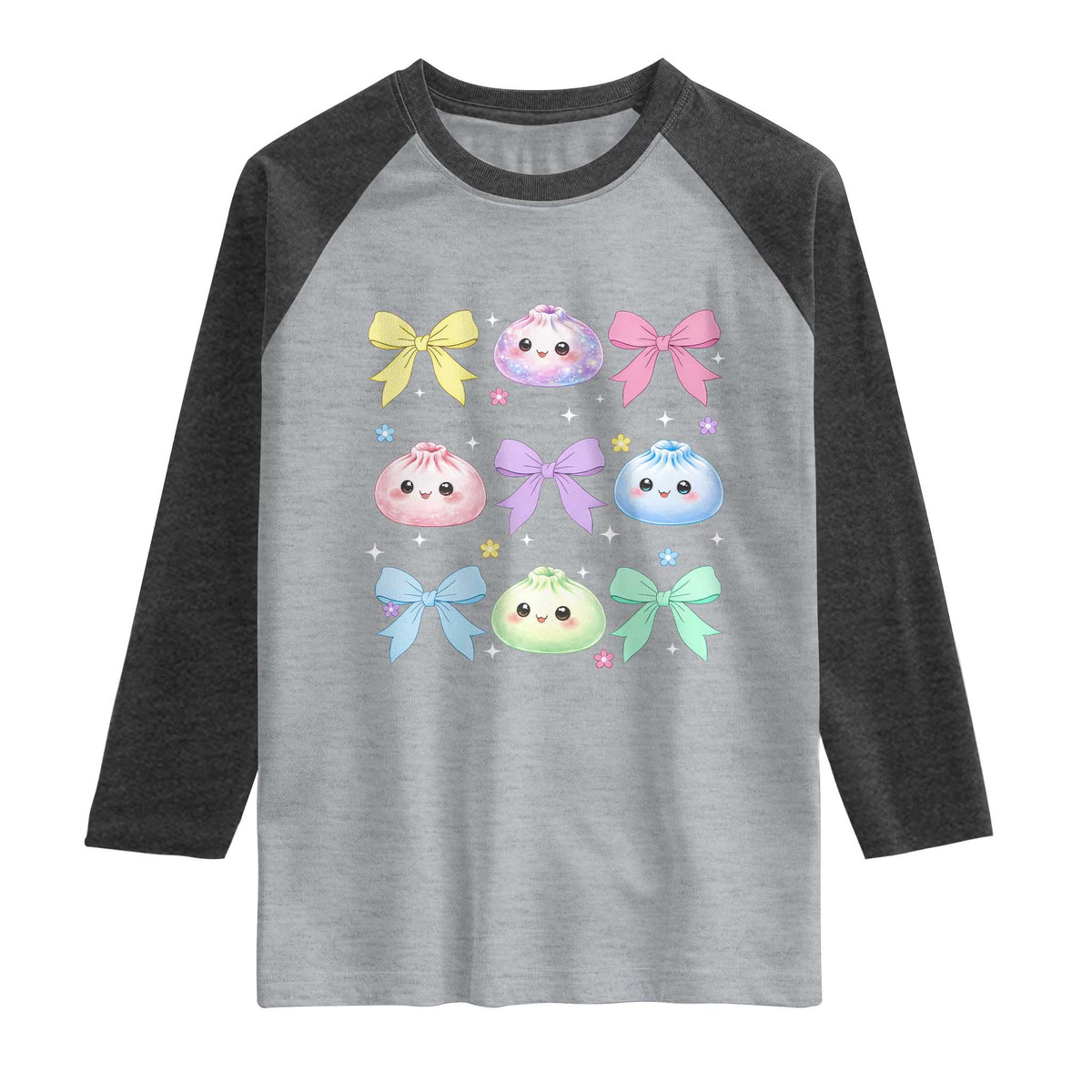 Kawaii Dumpling and Bows Aesthetic Graphic Raglan Shirt Cute Pastel Bao Dim Sum Coquette Aesthetic