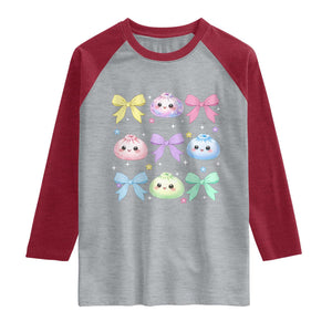 Kawaii Dumpling and Bows Aesthetic Graphic Raglan Shirt Cute Pastel Bao Dim Sum Coquette Aesthetic