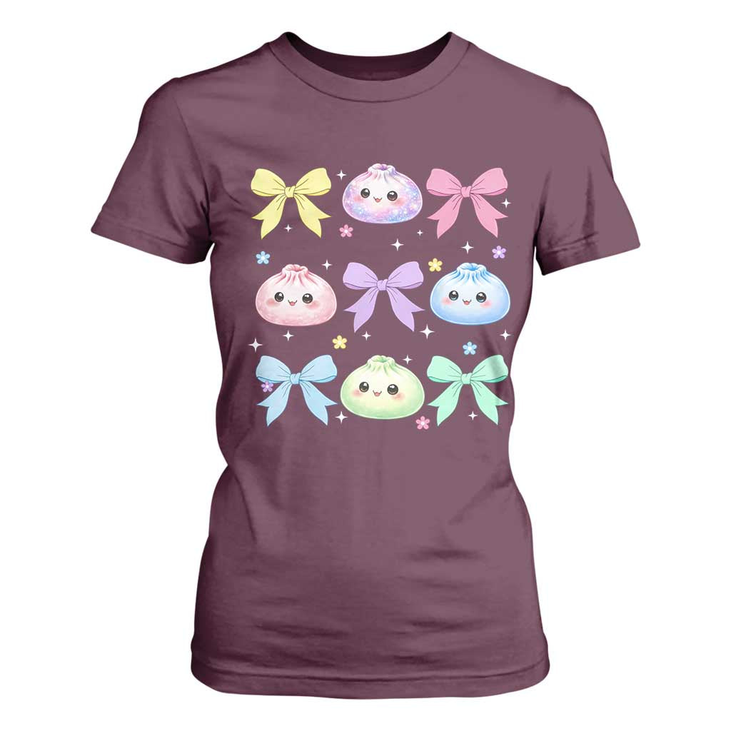 Kawaii Dumpling and Bows Aesthetic Graphic T Shirt For Women Cute Pastel Bao Dim Sum Coquette Aesthetic