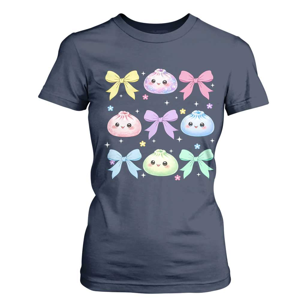 Kawaii Dumpling and Bows Aesthetic Graphic T Shirt For Women Cute Pastel Bao Dim Sum Coquette Aesthetic