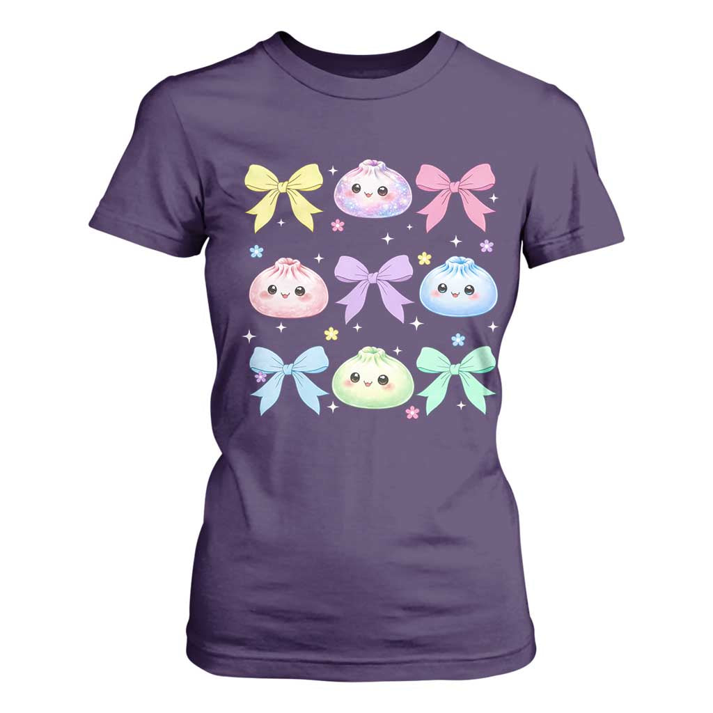 Kawaii Dumpling and Bows Aesthetic Graphic T Shirt For Women Cute Pastel Bao Dim Sum Coquette Aesthetic