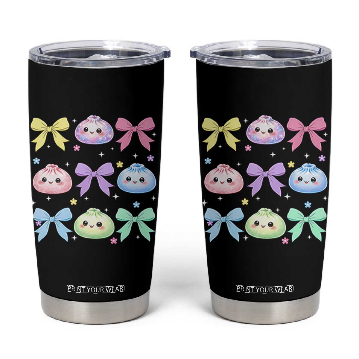 Kawaii Dumpling and Bows Aesthetic Graphic Tumbler Cup Cute Pastel Bao Dim Sum Coquette Aesthetic TS02 Black Print Your Wear