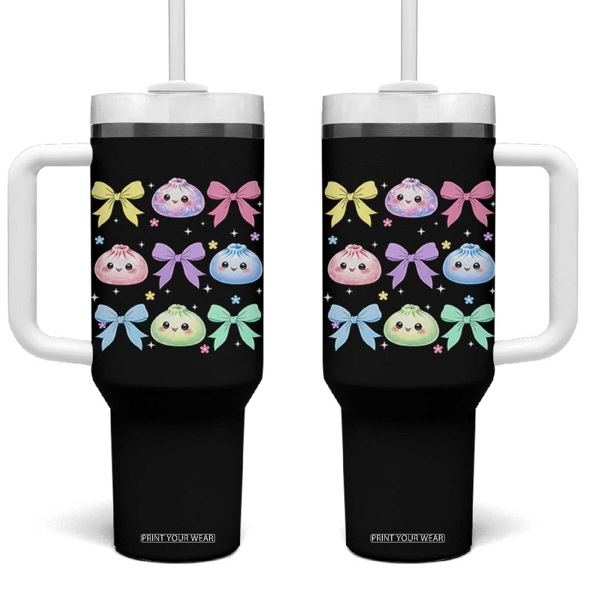Kawaii Dumpling and Bows Aesthetic Graphic Tumbler With Handle Cute Pastel Bao Dim Sum Coquette Aesthetic