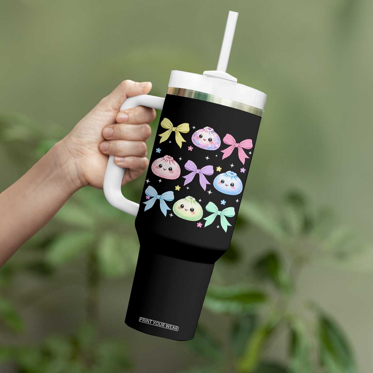 Kawaii Dumpling and Bows Aesthetic Graphic Tumbler With Handle Cute Pastel Bao Dim Sum Coquette Aesthetic
