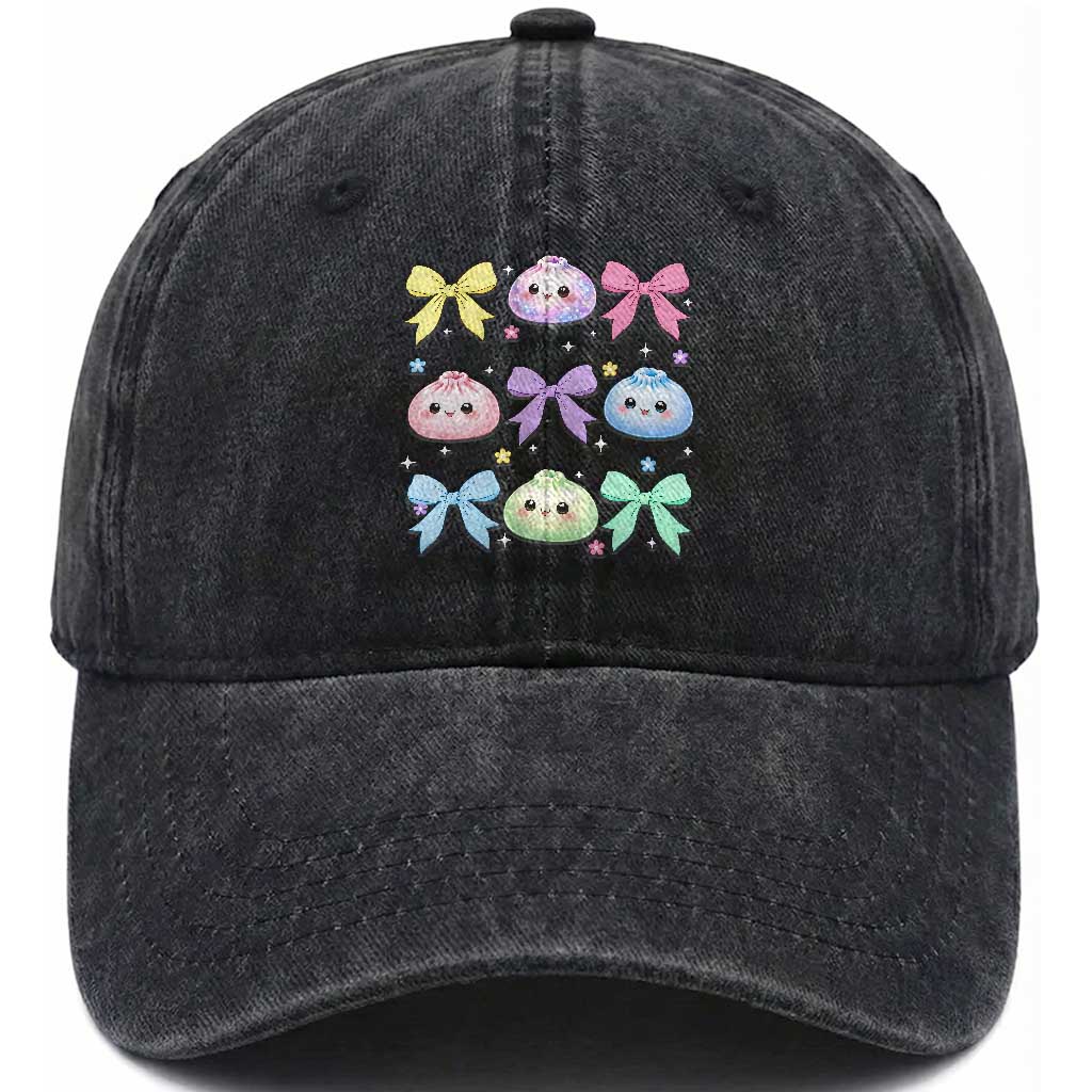 Kawaii Dumpling and Bows Aesthetic Graphic Washed Cotton Baseball Cap Cute Pastel Bao Dim Sum Coquette Aesthetic