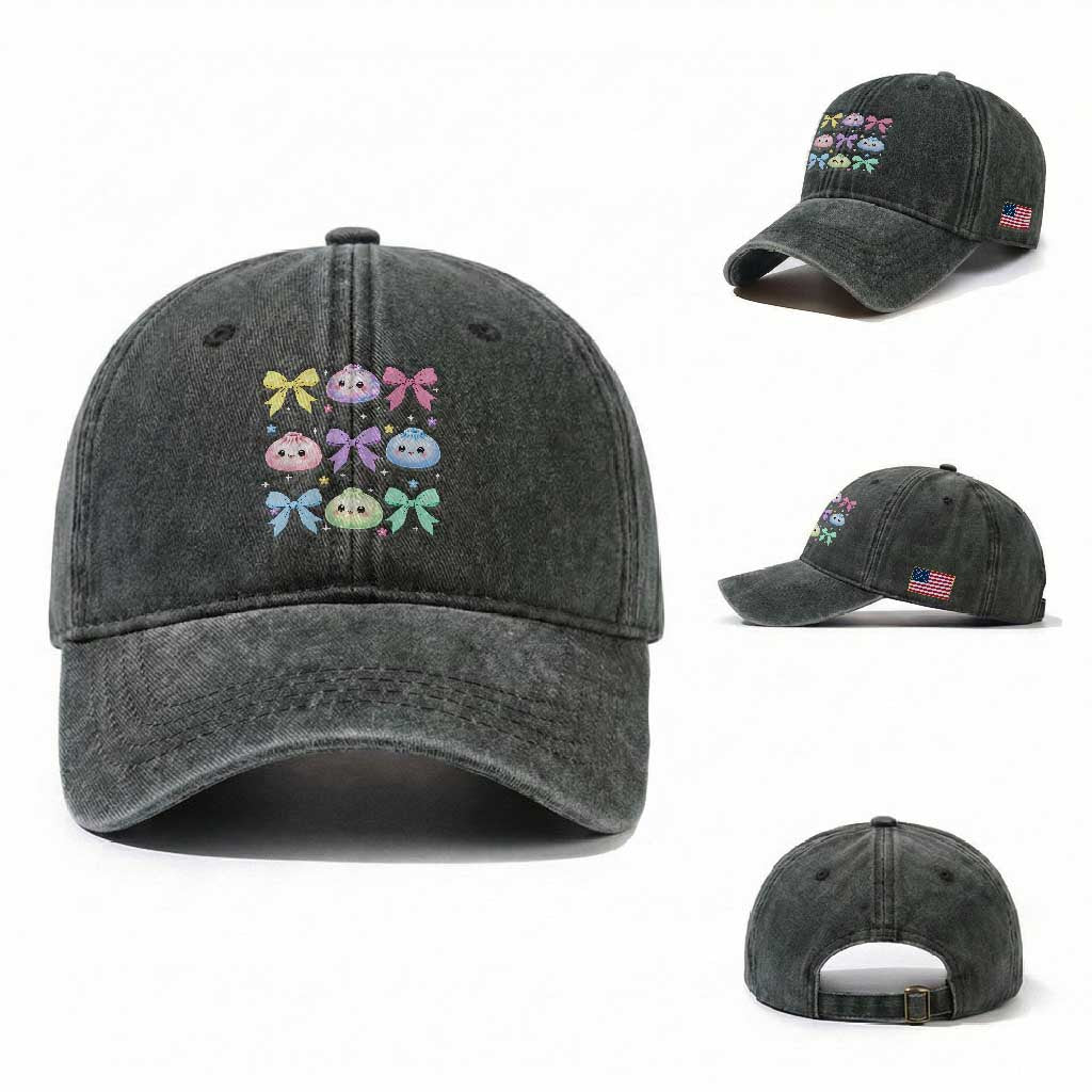 Kawaii Dumpling and Bows Aesthetic Graphic Washed Cotton Baseball Cap Cute Pastel Bao Dim Sum Coquette Aesthetic