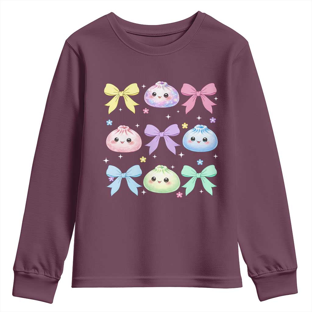Kawaii Dumpling and Bows Aesthetic Graphic Youth Sweatshirt Cute Pastel Bao Dim Sum Coquette Aesthetic