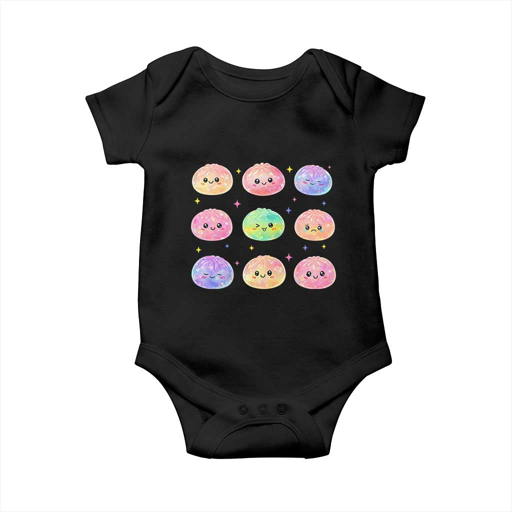 Kawaii Glitter Dumpling Face Grid Graphic Baby Onesie Cute Pastel Bao Emoji Expressions