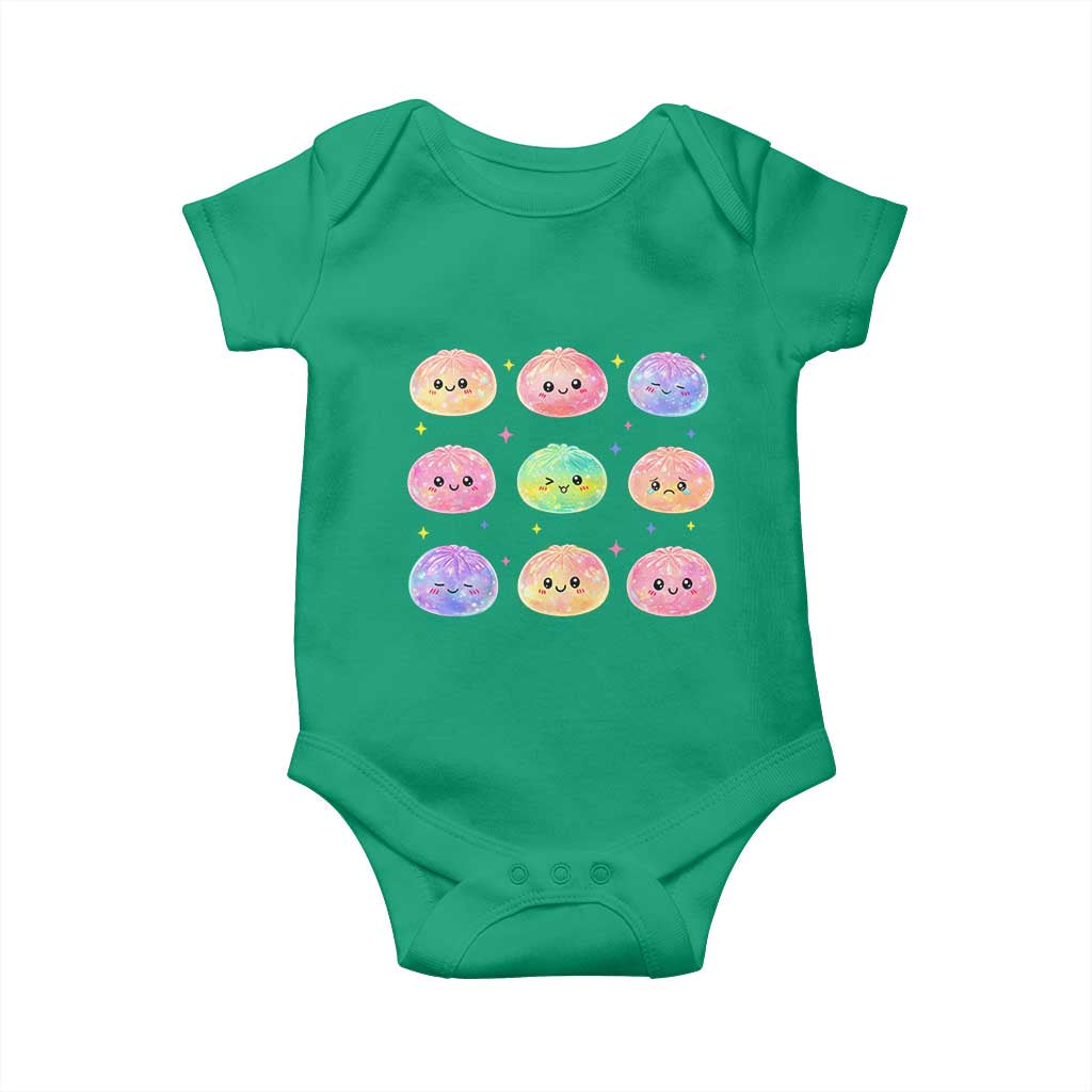 Kawaii Glitter Dumpling Face Grid Graphic Baby Onesie Cute Pastel Bao Emoji Expressions