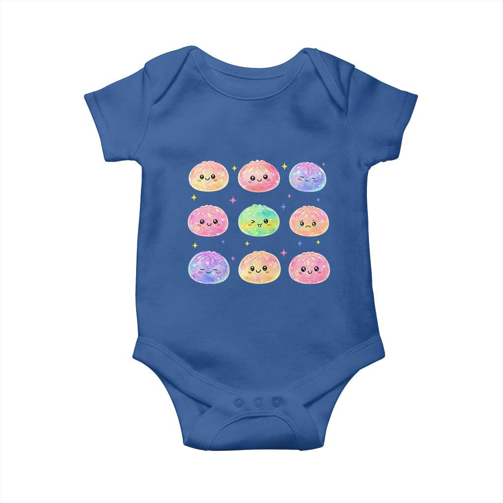 Kawaii Glitter Dumpling Face Grid Graphic Baby Onesie Cute Pastel Bao Emoji Expressions