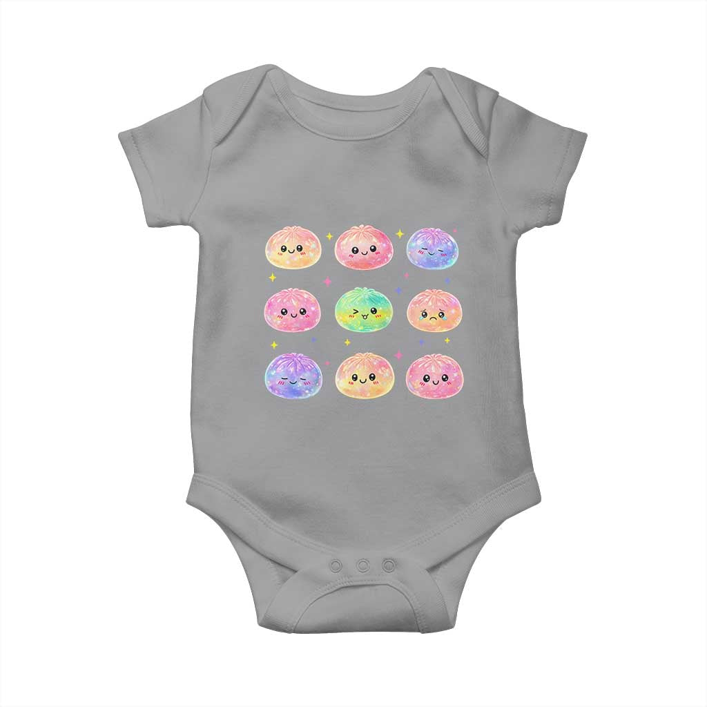 Kawaii Glitter Dumpling Face Grid Graphic Baby Onesie Cute Pastel Bao Emoji Expressions