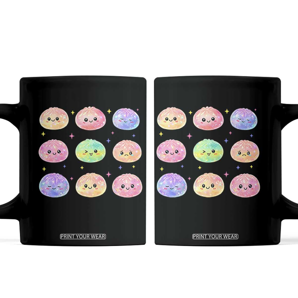 Kawaii Glitter Dumpling Face Grid Graphic Coffee Mug Cute Pastel Bao Emoji Expressions