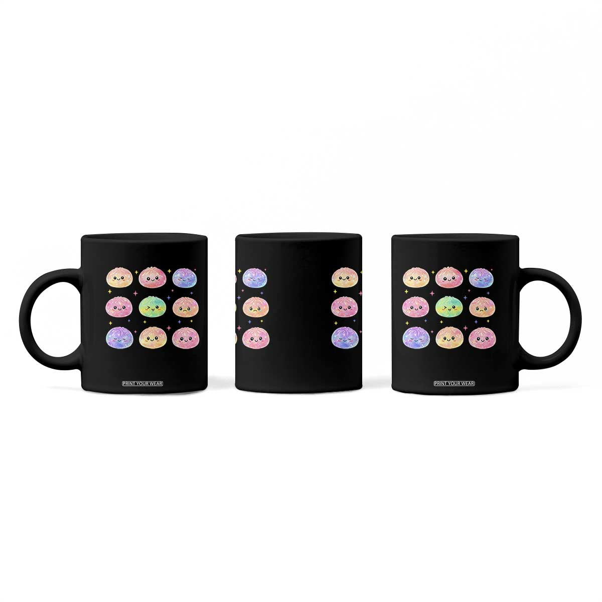 Kawaii Glitter Dumpling Face Grid Graphic Coffee Mug Cute Pastel Bao Emoji Expressions