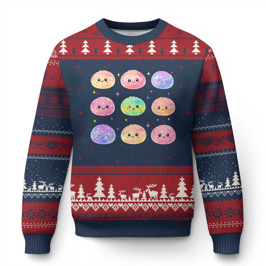 Kawaii Glitter Dumpling Face Grid Graphic Ugly Christmas Sweater Cute Pastel Bao Emoji Expressions