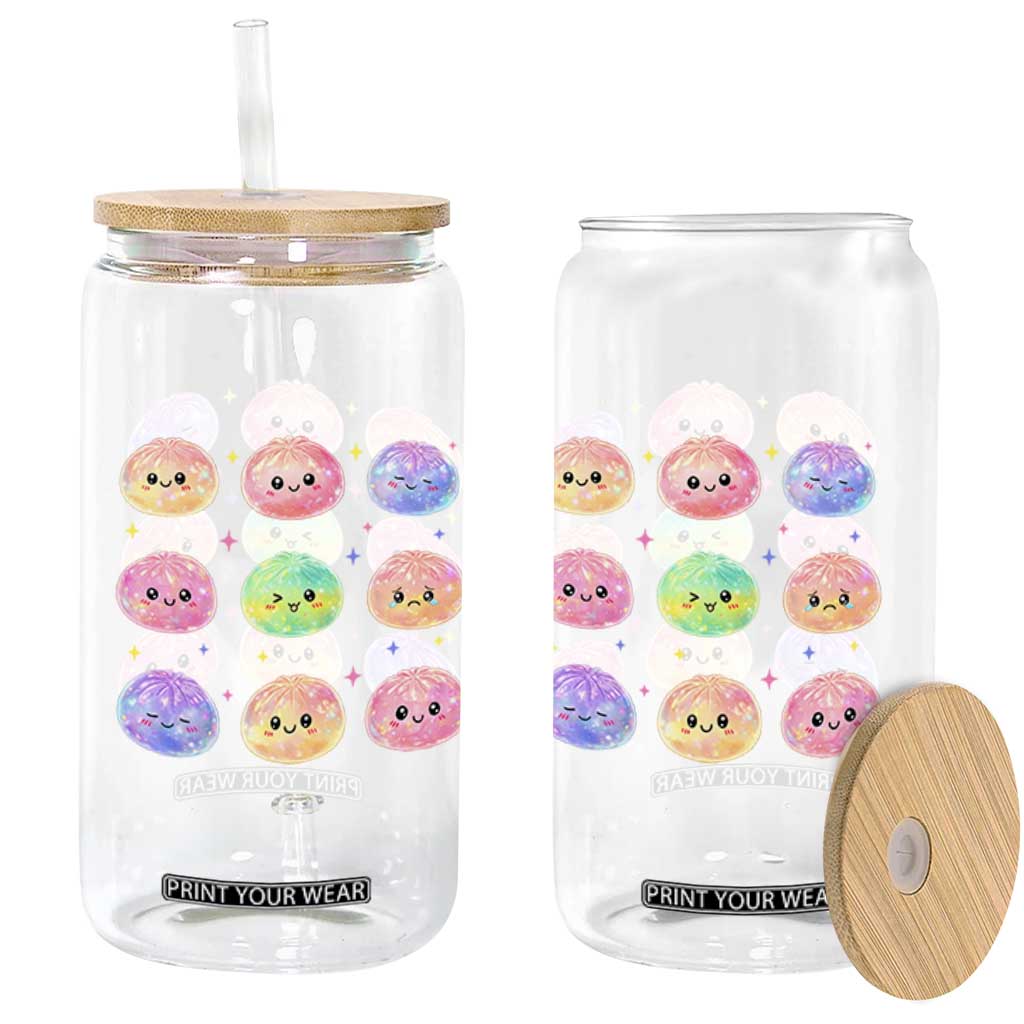 Kawaii Glitter Dumpling Face Grid Graphic Glass Can Cute Pastel Bao Emoji Expressions