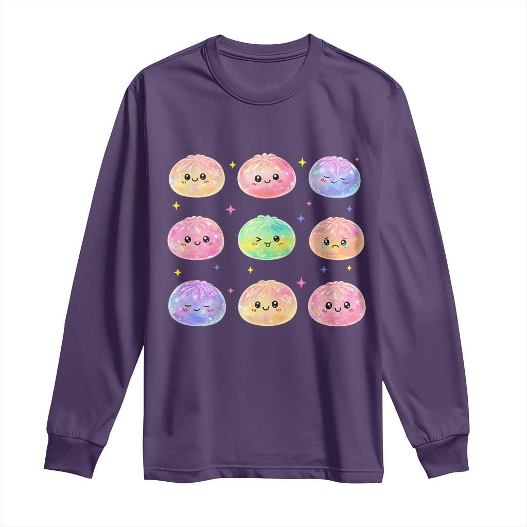 Kawaii Glitter Dumpling Face Grid Graphic Long Sleeve Shirt Cute Pastel Bao Emoji Expressions