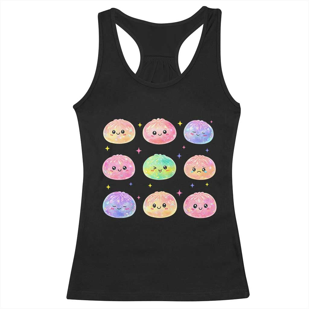 Kawaii Glitter Dumpling Face Grid Graphic Racerback Tank Top Cute Pastel Bao Emoji Expressions